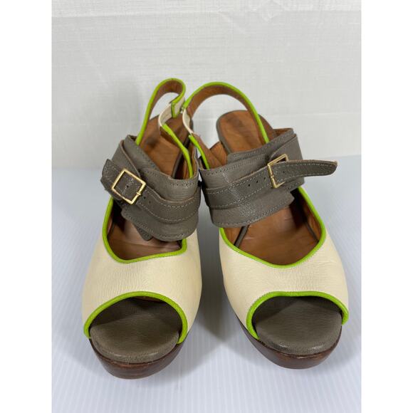 CHIE MIHARA Peep Toe Platform Heels Size 6 Leather Colorblock Wood Heel Retro - Picture 3 of 12